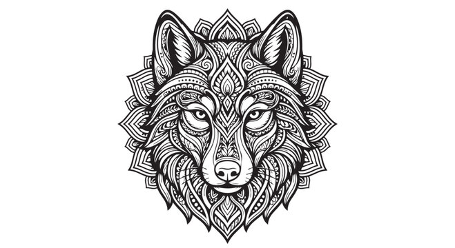 Black and white wolf head portrait with ornamental mandala pattern ornamental illustration abstract geometric
