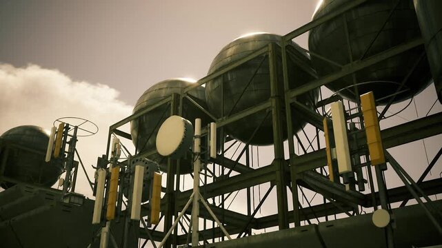 Lowangle view of girders and tanks with strong lens flare, concrete base and metal framework dominating frame, rugged texture, tension between shadow and bright