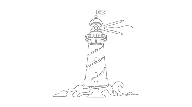 Continuous line drawing of a maritime lighthouse on rocky shore