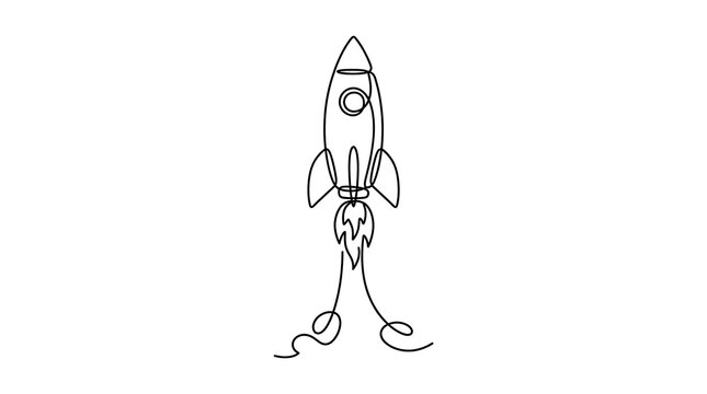 Continuous line drawing of a rocket ship launching into space