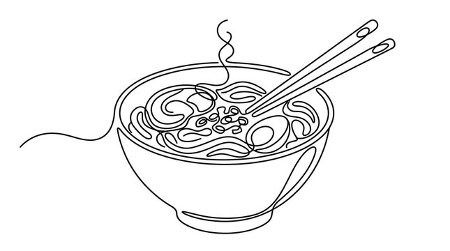 Continuous One Line Drawing of Ramen Noodle Bowl with Chopsticks