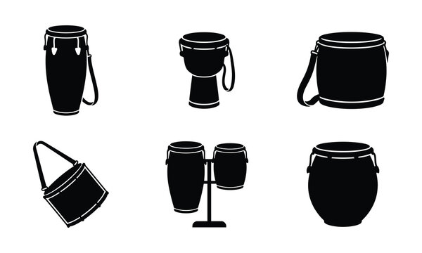 Various styles of drums and percussion instruments for music on white.