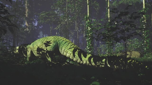 Moonlit crocodile gliding across shadowed forest floor, silver highlights trace ridged back and sweeping tail, hush of night and scattered shafts of light
