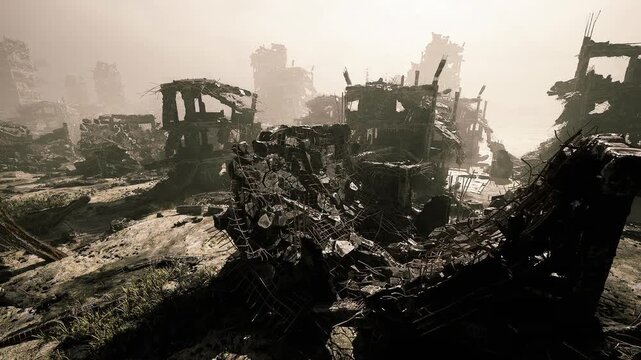 Hazy fog covering wreckage and silhouettes, skeletal frames and collapsed structures loom, murky light and grainy texture emphasize eerie stillness, distant