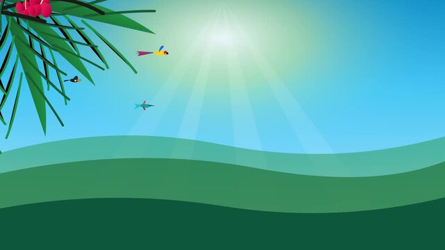 Summer meadow landscape with flying colorful birds and tree branch