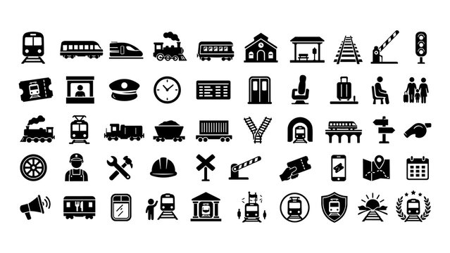 Set of black train and railway transportation vector icons featuring locomotives stations tickets and travel infrastructure elements