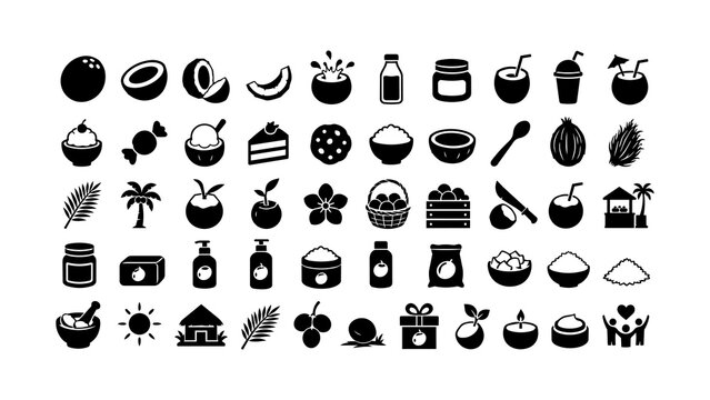 Set of black coconut food and beverage icons featuring tropical ingredients isolated on a clean white background