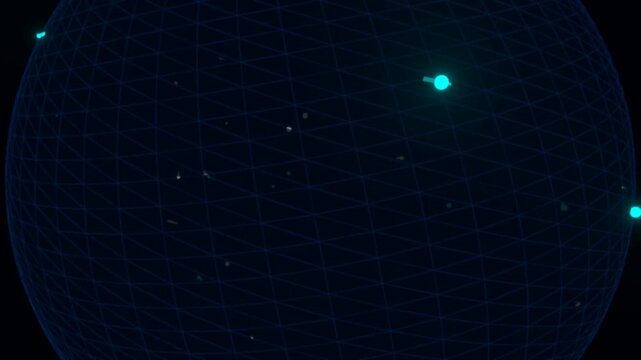 Digital Global Network: A dark, animated globe featuring a cyber grid with glowing nodes and connecting light trails that represent global communication, technology, and data transfer.