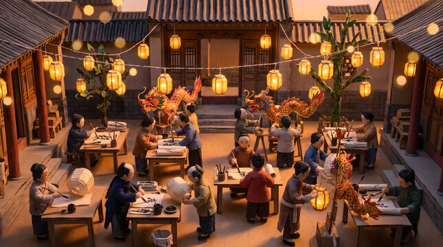 Clay figures practicing calligraphy and making dragon puppets under glowing lanterns at sunset.