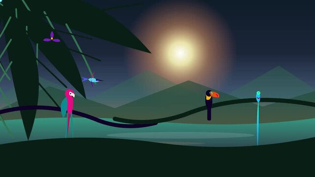 Flat Motion Graphic Illustration of Tropical Birds in Jungle