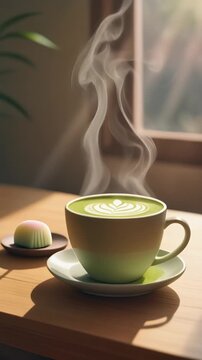 Hot Matcha Latte with Japanese Sweet and Rising Steam Generative AI