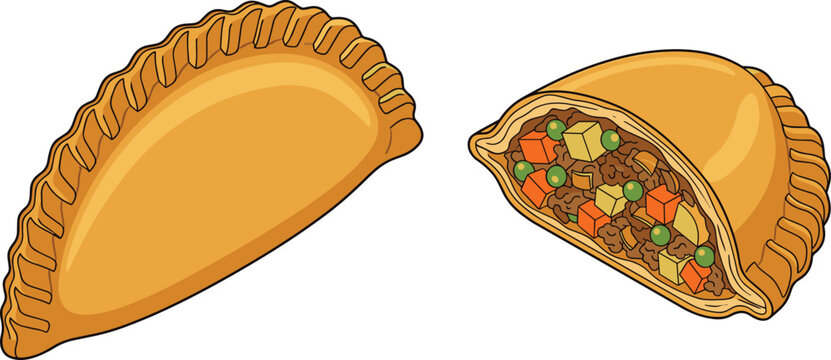 Delicious savory empanada or meat pie vector illustration with whole and halved pastry filled with minced beef and vegetables