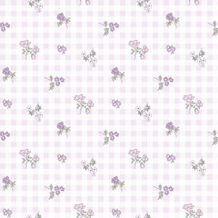 Naklejka premium Seamless floral pattern. Small flower pattern with lavender and soft purple on soft gingham background. Repeat pattern. Vintage blossoms style. Botanic surface design for print , wrapping paper