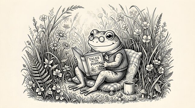 Vintage engraving illustration of a dressed frog reading a book sitting in a garden with fairy tale