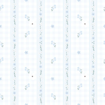 Seamless floral pattern. Fower pattern with small blue floral on stripe background. Repeat pattern. Ditsy print. Fresh vintage cottage style. Botanic surface design for print , wrapping paper, decor, 
