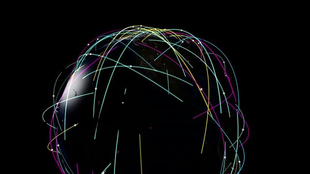 Colorful Abstract Network Globe: A 3D animation of a wireframe earth constructed from glowing, multicolored lines and connecting nodes against a dark background, representing global digital connectivi
