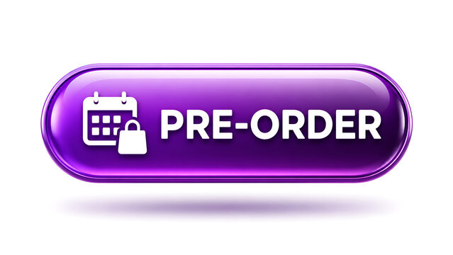 Glossy purple e-commerce button with a calendar icon and white pre-order text.