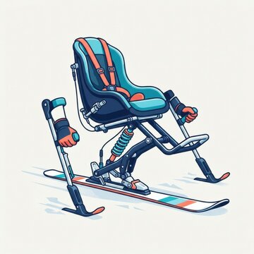 Device for sit skiing showing adaptive features for athletes in a winter sports environment. Focus on accessibility and competition.