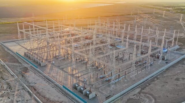 Electrical substation at sunset, high-voltage substation