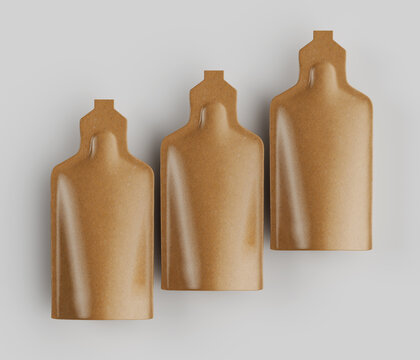 Three identical light brown pouch containers on a neutral background high resolution studio product photography for advertisement or e commerce catalog