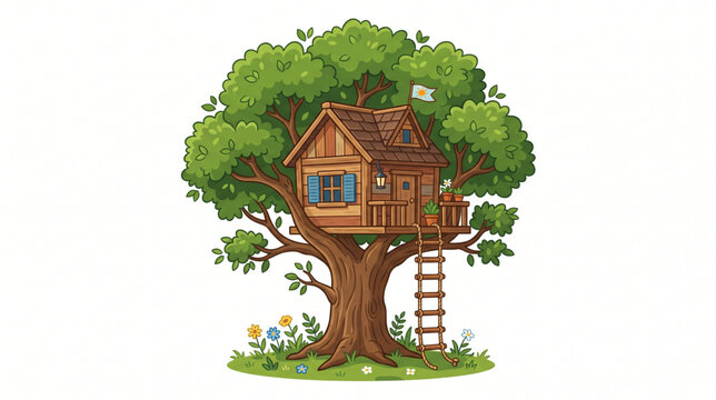 Cartoon wooden treehouse on a large oak tree with a rope ladder
