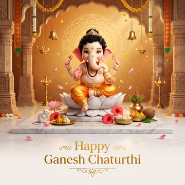 Baby ganesha sitting on lotus flower within traditional temple setting for religious festival celebration with surrounded offerings flower petals golden illuminated