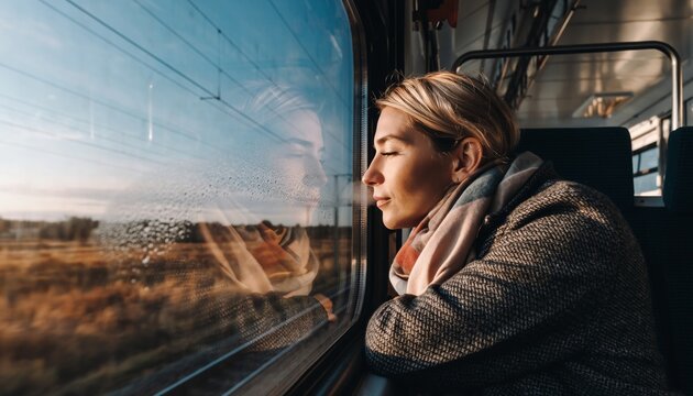 Woman gazing out of train window during travel journey.