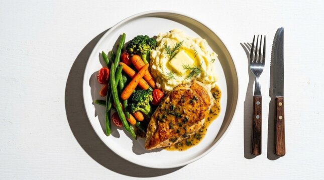 gourmet plated meal featuring roasted vegetables and seared fish, bright natural daylight setting, perfect for culinary blogs or restaurant promotion, healthy eating focus