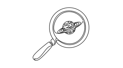 One line drawing of a magnifying glass focused on Saturn planet © Akhsan