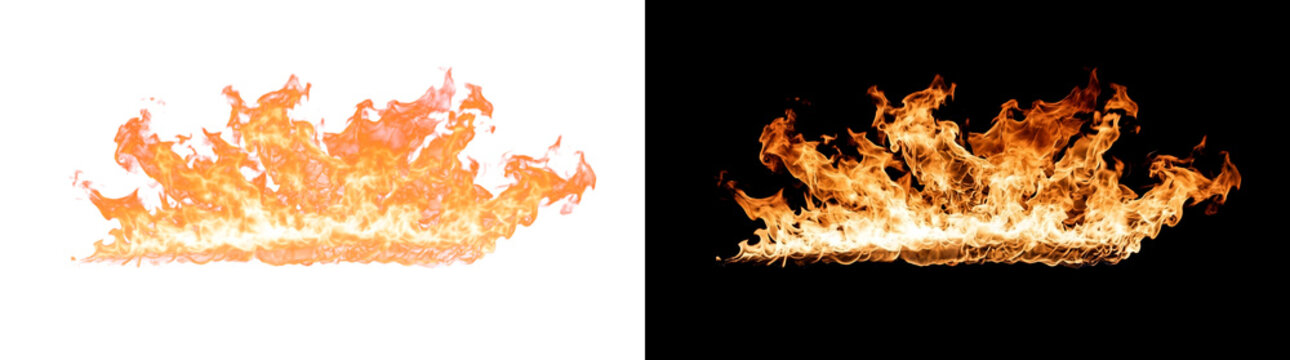 Broad horizontal torch flame with turbulent low profile fire crest, vibrant burning effect cutout with real transparency