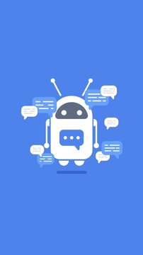 Cute white robot chatbot with blue speech bubbles on solid blue background, animated conversation concept for AI assistant and customer support visuals.