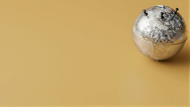 Vintage globe with pins stands alone on warm yellow background, evoking global exploration.