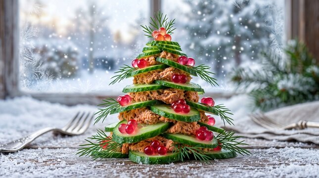 Cucumber christmas tree appetizer with salmon roe and dill winter window.