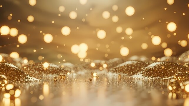 Luxurious golden glitter mounds on a reflective surface with sparkling bokeh light background
