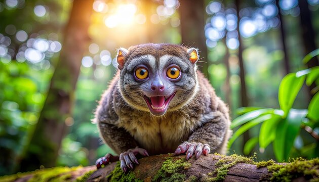 Adorable Slow Loris Smiling in Lush Green Forest Habitat.