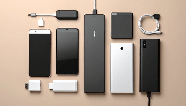 Mobile Devices and Charging Accessories Flat Lay