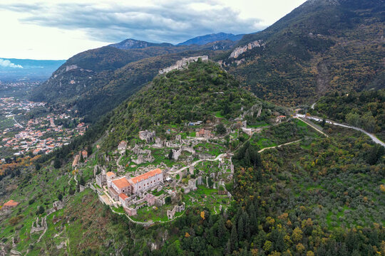 Aerial view of Mystras, a ruined Byzantine fortified town on Mount Taygetos near Sparta in the Peloponnese, Greece