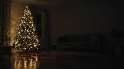 Fototapeta premium Cozy living room with glowing Christmas tree, warm lights reflecting on hardwood floors.