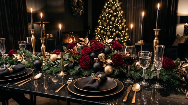 Christmas festive dining table setup with elegant decor and candlelight.
