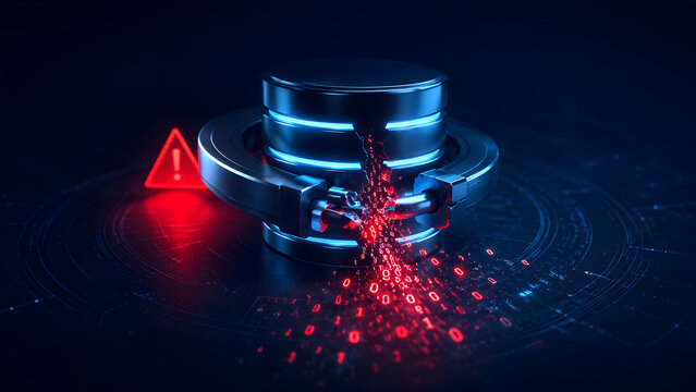 Broken Database Server Exposing Leaking Red Binary Code and Warning Sign of Data Breach
