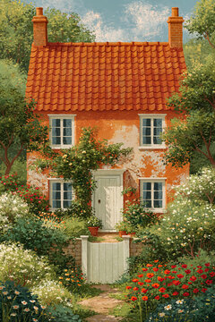 Cozy cottage house with an english country garden, surrounded by blooming flowers and green trees, fine art painting style