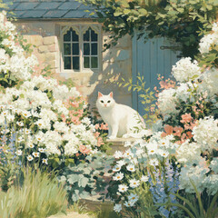 Fototapeta premium White cat observing the viewer while sitting on stone steps, surrounded by abundant colorful flowers in a serene cottage garden