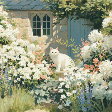 White cat observing the viewer while sitting on stone steps, surrounded by abundant colorful flowers in a serene cottage garden