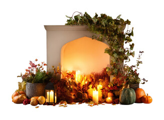 Fototapeta premium PNG Cozy autumn fireplace mantel with candles and seasonal decor