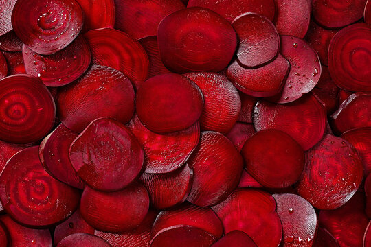 Fresh Sliced Red Beetroot Slices, fresh sliced red beetroot slices with vibrant red color isolated background, raw organic beetroot vegetable cut slices, healthy beetroot salad ingredient top view