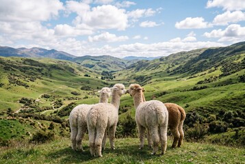 Naklejka premium Alpacas Looking Over Lush Green Mountain Valley