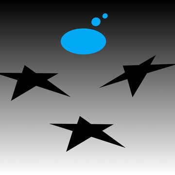 vAn abstract digital graphic featuring three black stars and a blue thought bubble sequence on a gradient background, transitioning from deep black at the top to light gray at the bottom. The three bl