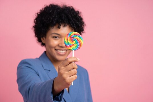 Cheerful Woman Holding Colorful Lollipop in Front of Face Against Pink Studio Background