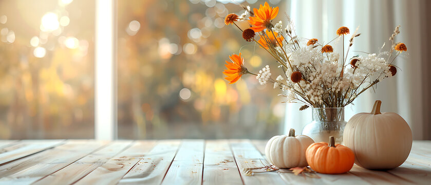 Bright cozy autumn floral and pumpkin still life by window with copy space for Thanksgiving lifestyle blog layout and interior decor poster