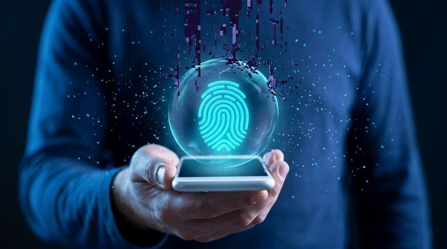 Digital identity verification concept showing glowing fingerprint inside protective sphere on smartphone with matrix glitch effect